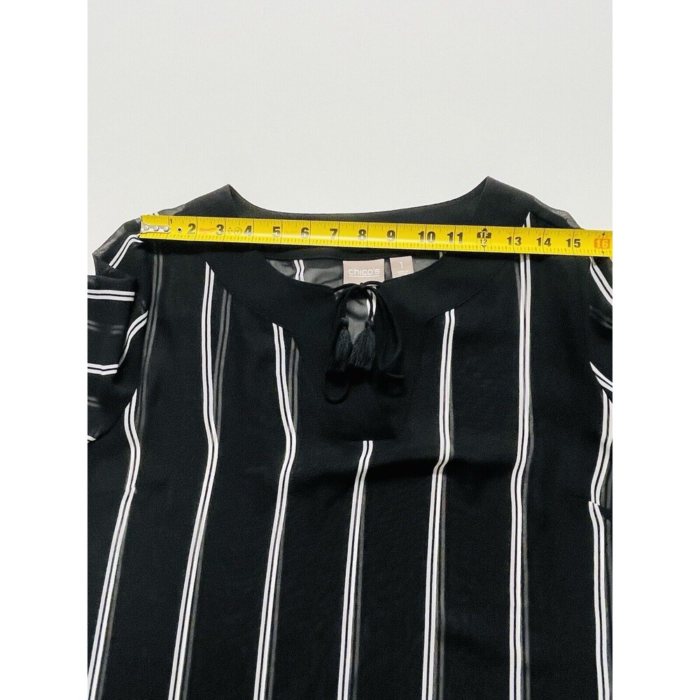 Chico's Top Womens 1 Medium 8 Black White Stripe Nautical Preppy Sheer Old Money - Picture 13 of 14